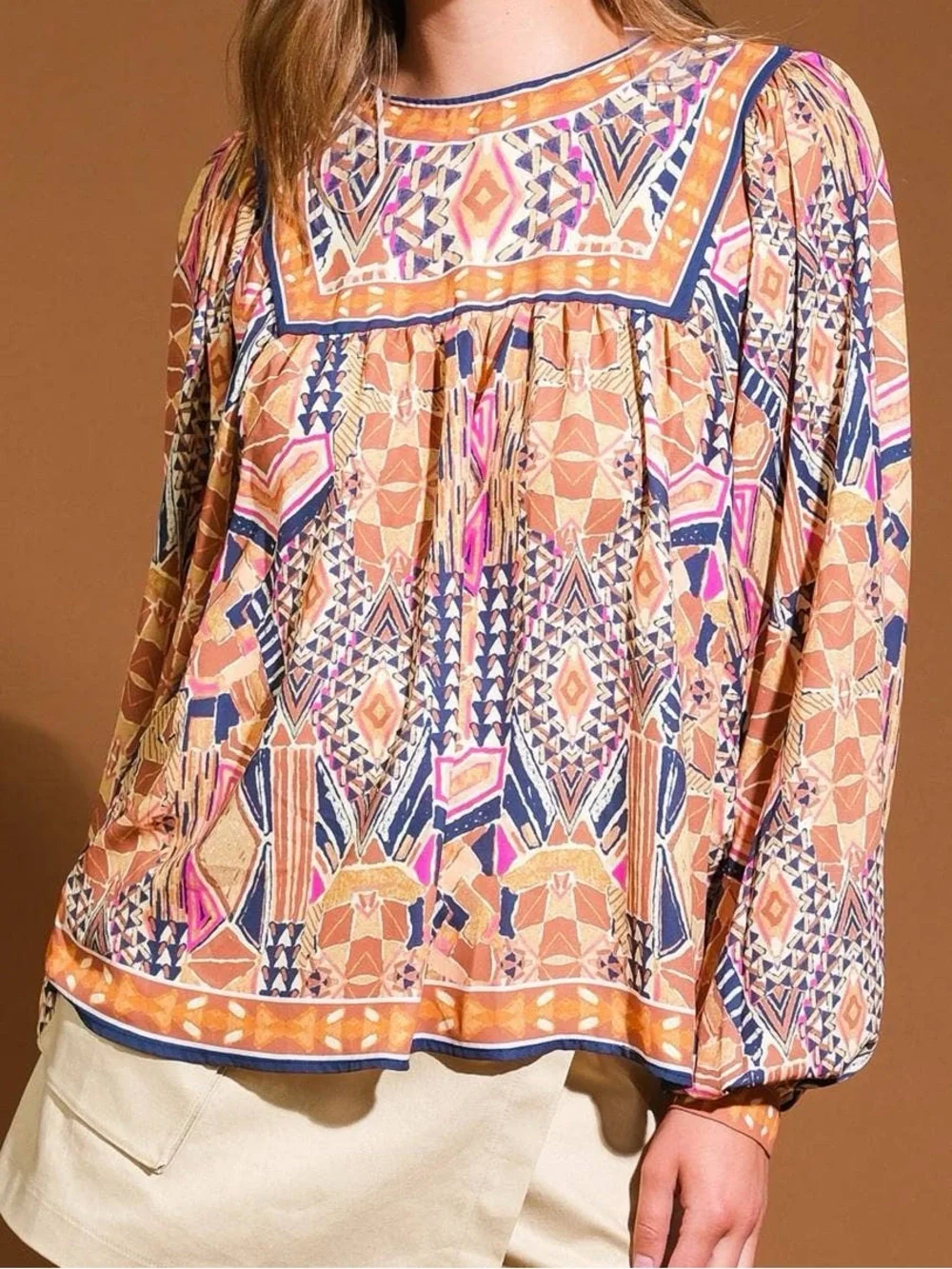 Flying tomato Printed Puff-Sleeve Boho Blouse in Orange & Pink size large - Picture 2 of 14